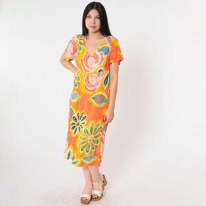 Vintage Y2K Jams World Short Sleeve Midi Dress Medium Orange Tropical Floral